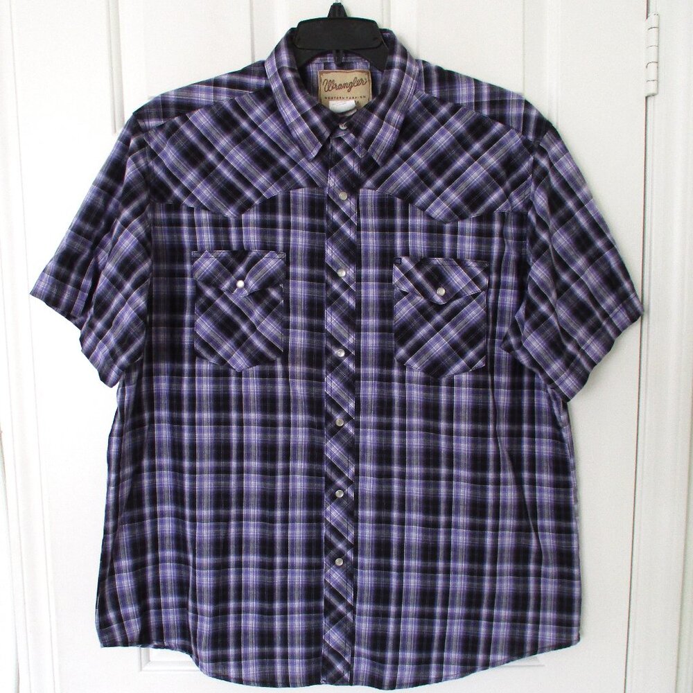Wrangler Mens S/S Purple Cotton Plaid Pearl Snap Western Shirt - Size XL